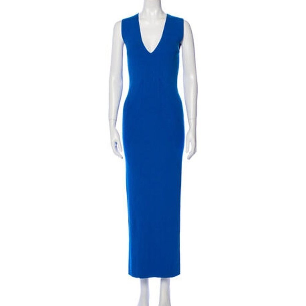 Wes Gordon Ribbed Knit Long Maxi Dress Fitted Column Sz S Blue‎ Sleeveless